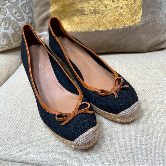 Coach Shoes - Coach Ireena Black Espadrille Wedges - Trimmed in Cognac Leather - 8